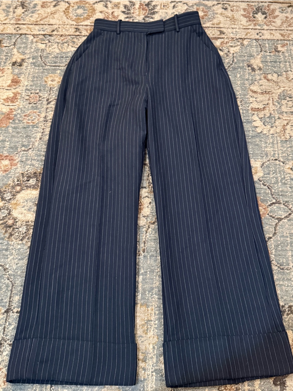 Abercrombie & Fitch Woman’s Navy Pinstripe Curve Love Dress Trousers